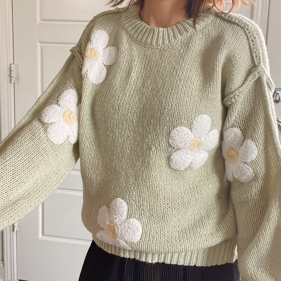 Cozy Sage Daisy Fuzzy Patch Reverse Stitch Sweater Top - Picture 7 of 11